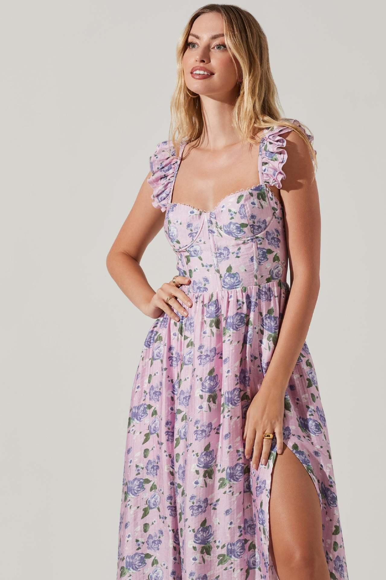 Square Collar Floral Print Dress - AEI 97