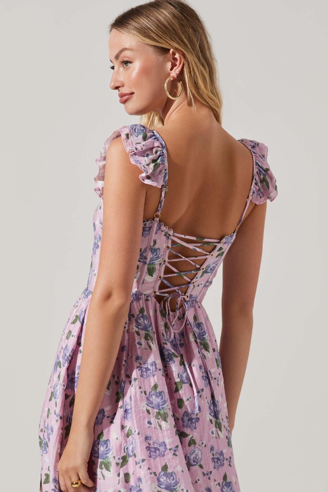 Square Collar Floral Print Dress - AEI 97