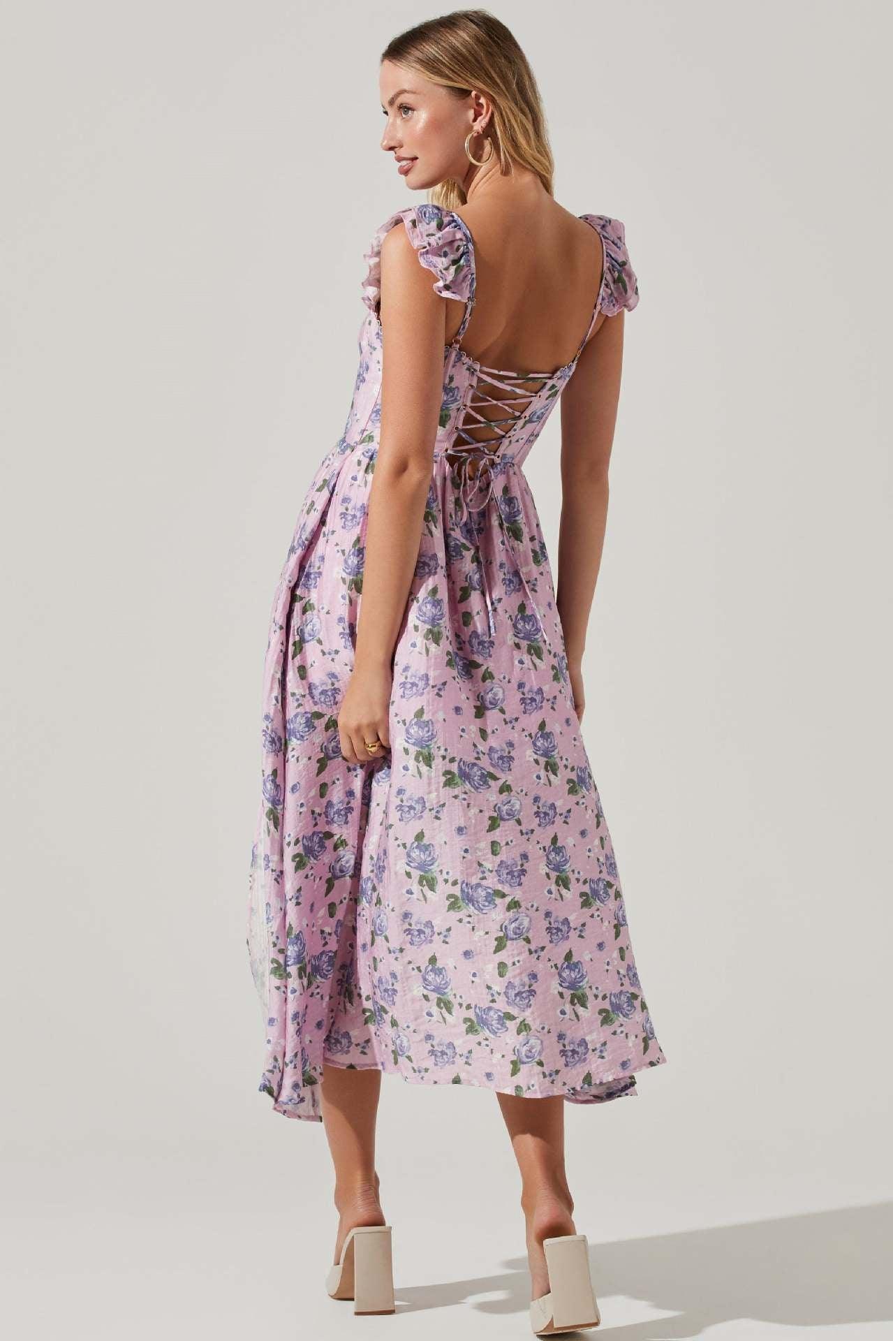 Square Collar Floral Print Dress - AEI 97