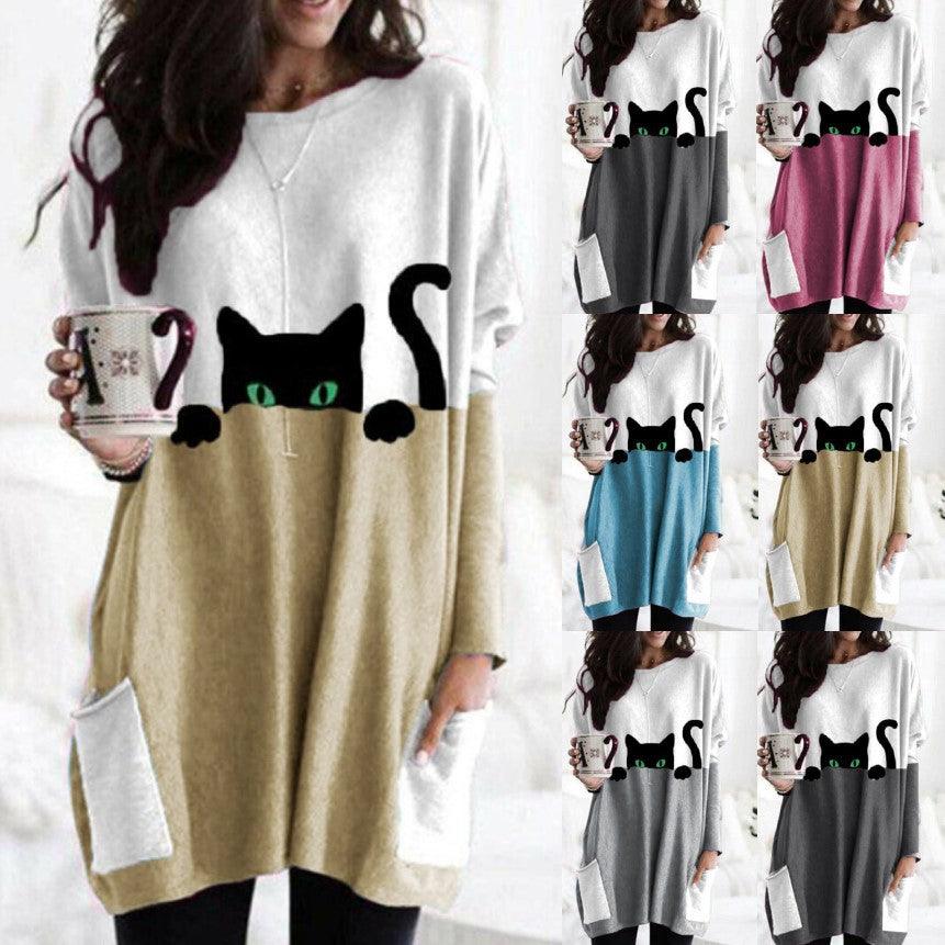 Cat Print Round Neck T-shirt - AEI 97