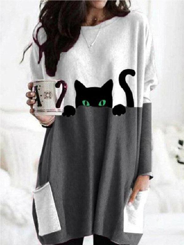 Cat Print Round Neck T-shirt - AEI 97