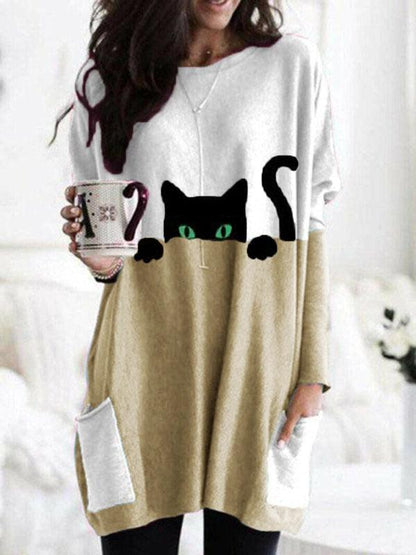 Cat Print Round Neck T-shirt - AEI 97