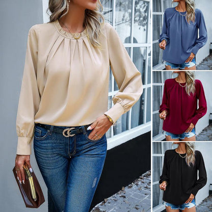 Elegant Lace Collar Long Sleeve Solid Color Top - AEI 97