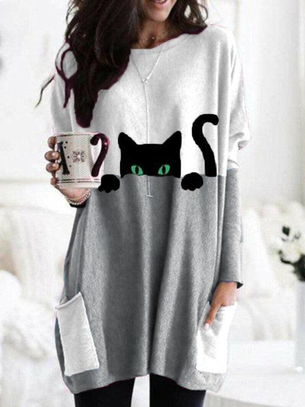 Cat Print Round Neck T-shirt - AEI 97