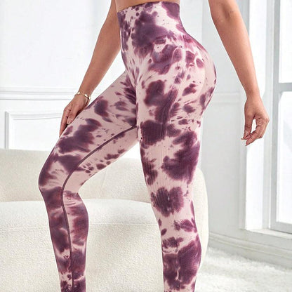 Tie-dyed Peach Hip Fitness Women High Waist Tight Stretch Yoga Pants - AEI 97