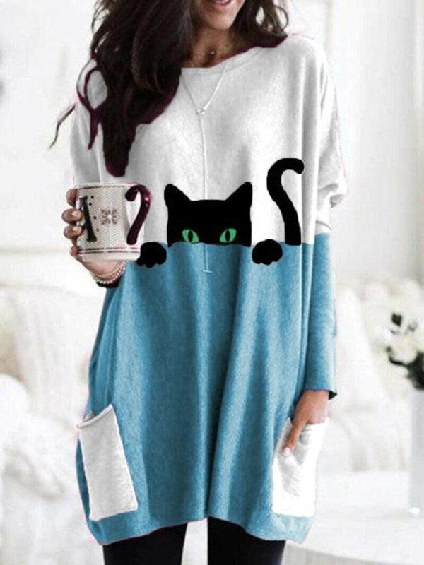 Cat Print Round Neck T-shirt - AEI 97