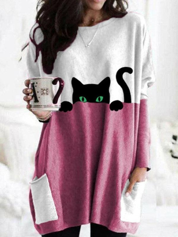 Cat Print Round Neck T-shirt - AEI 97